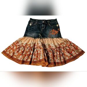 Candies Frayed Jean Denim Embroidered Skirt Junior 3 Boho Floral Fabric Ruffle